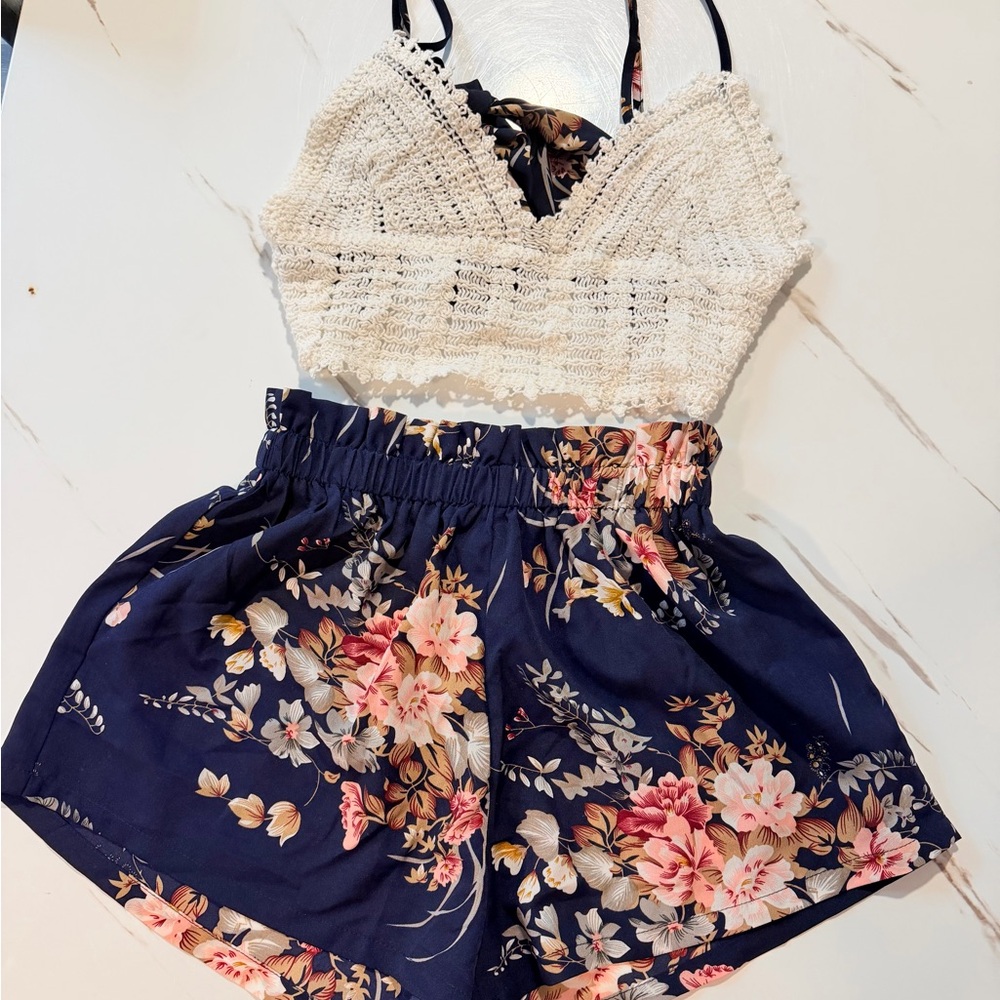 SHEIN Navy Floral High Waist Shorts